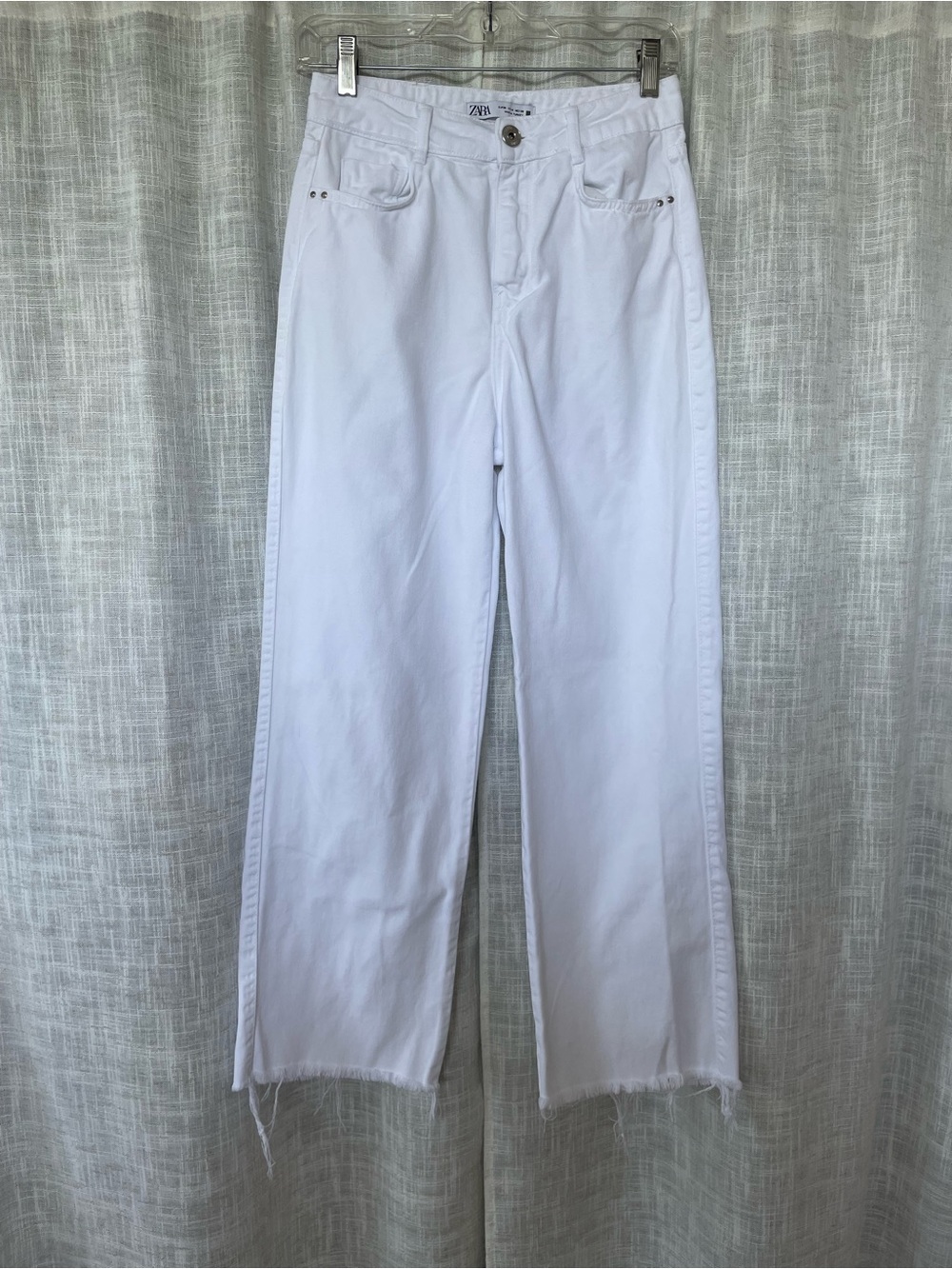 Zara White Raw Distressed Hem Cropped Straight Wide Leg Jeans